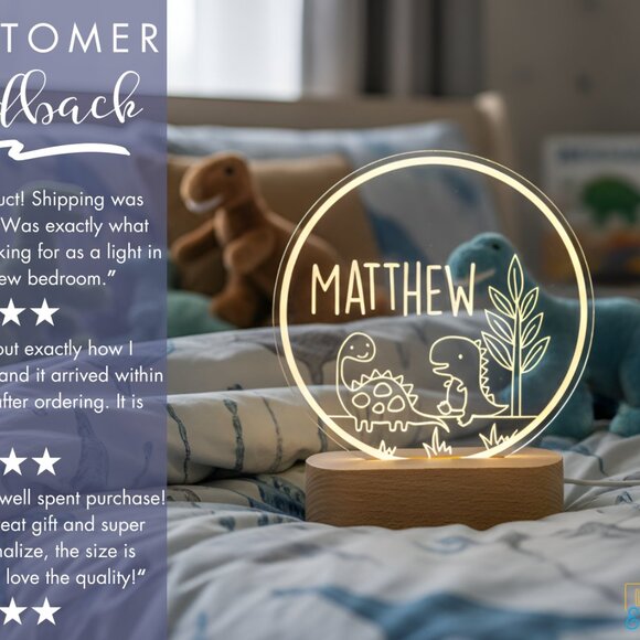 Dinosaur Custom Name Light | Personalized LED Room Decor | Kids Minimalist Gift - Picture 7 of 8